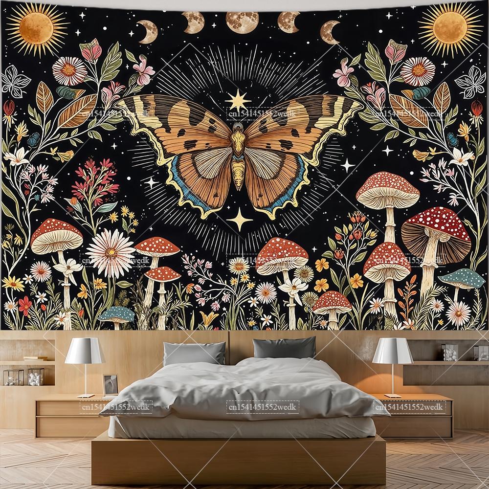 

Boho Butterfly Mushroom Tapestry Botanical Floral Plant Tapestries For Bedroom Sun Moon Tapestrys Wall Art Aesthetic Background 95x73cm