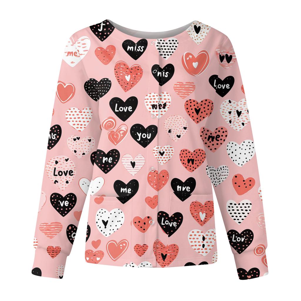 Women's Casual Fashion Long Sleeve Standing Collar Single Breasted Valentine's Day Print Workwear Jacket Tops