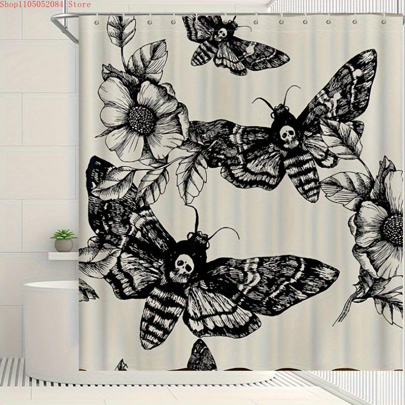 skull bathroom shower curtain decor death moth flowers bath    -   With Hooks Waterproof Mildew Proof Easy Install Washable