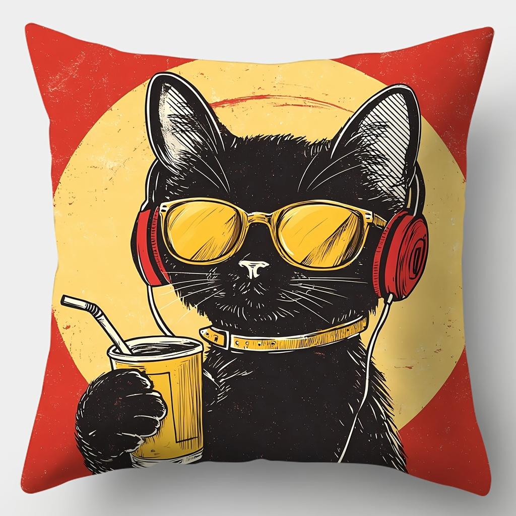 Trendy Black CatRetro Pop Art Pillow Cover Durable Removable Washable Personalized Home Decorative Cushion Cover