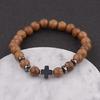 Handmade Natural Wood Bead Cross Bracelet Men Charm Beaded Elastic Bracelets