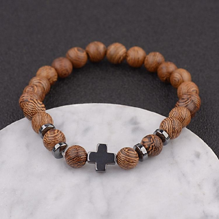Handmade Natural Wood Bead Cross Bracelet Men Charm Beaded Elastic Bracelets