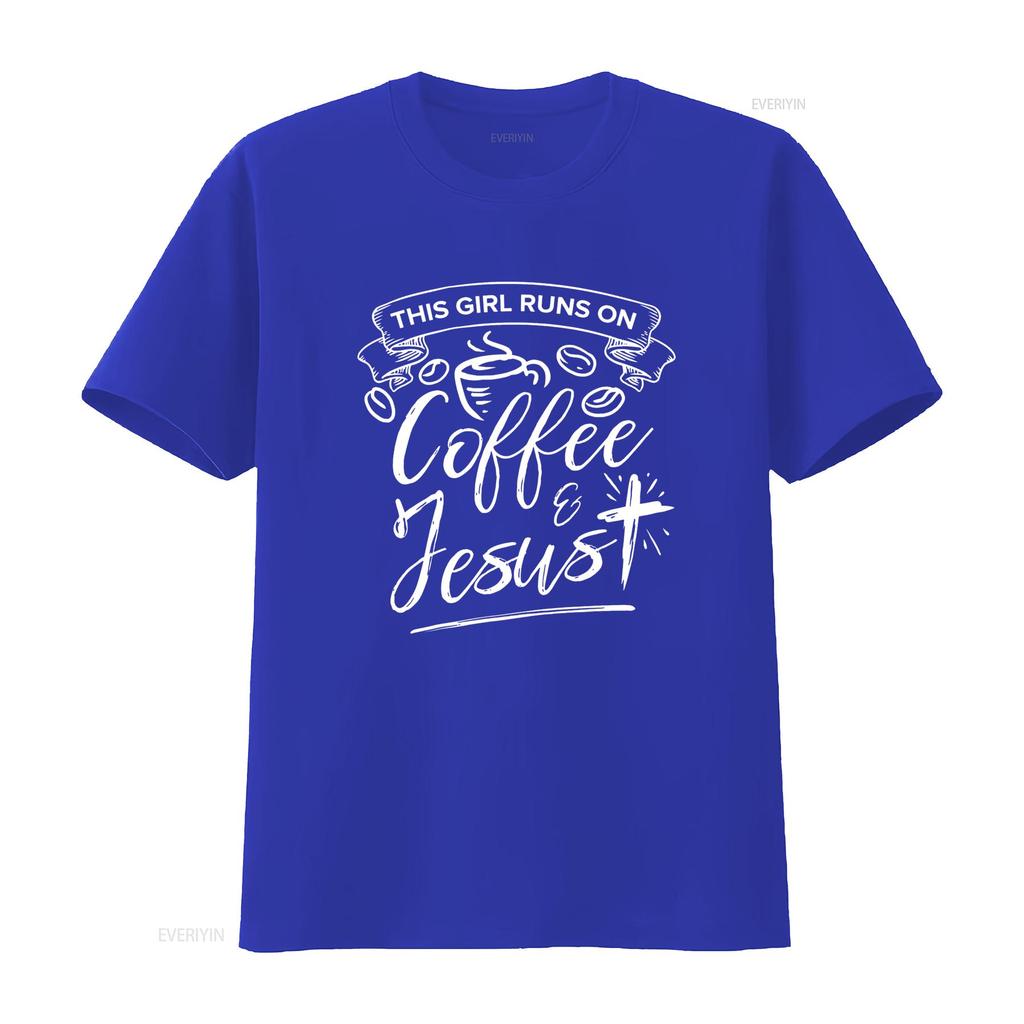This Girl Runs On Coffee And Jesus T Shirt Faith Lover  vintage Washed Comfortable Top For Everyday Wear Casual Stretched