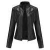Women's Slim Leather Stand-Up Collar Zipper Stitching Solid Color Jacket