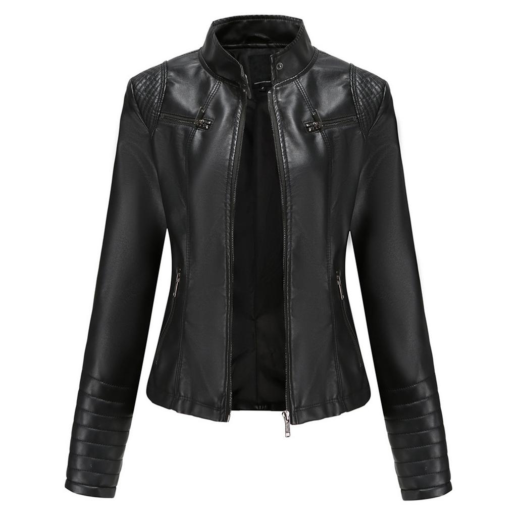 Women's Slim Leather Stand-Up Collar Zipper Stitching Solid Color Jacket