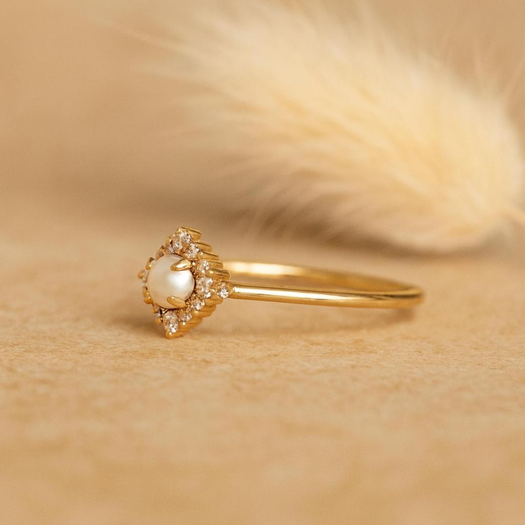 Pearl & Cubic Zirconia Ring for Women | Yellow Gold Plated 925 Sterling Silver Vintage Style Ring | Wedding, Engagement Gift