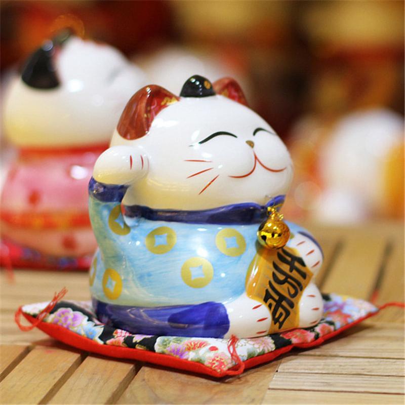 2 Pieces Couple Maneki Neko Ornament Ceramic Lucky Cat Home Decoration Gift Feng Shui Piggy Bank Statue (1 Boy + 1 Girl) 14cm