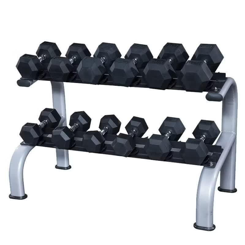 Fixed Weight Rubber Coated Hex Dumbbell Set with A-Frame Rack