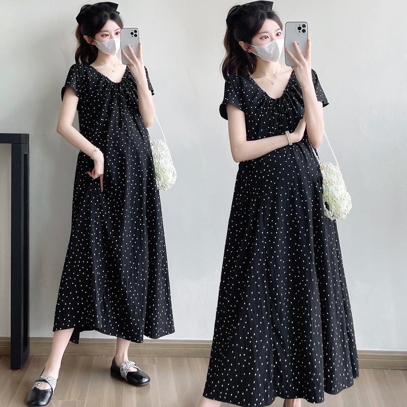 2026 Summer Polka Dot V-Neck Lace-Up Maternity Dress - French Romantic Style L