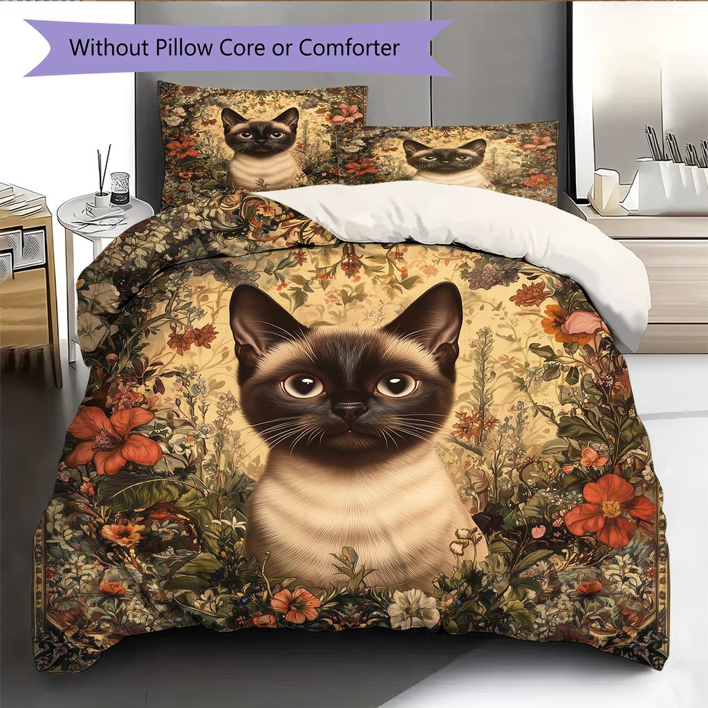 Siamese Cat and Rose Pattern Bedding Home Decoration Birthday Gift (1 * duvet cover + 2 * pillowcase, without core)