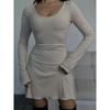 New Fashion Long Sleeve Hip-wrapped Lace-up Dress Crew Neck Slim Fit A-line Party Short Dresses Elegant Solid Color Casual Simple Sexy Clothing