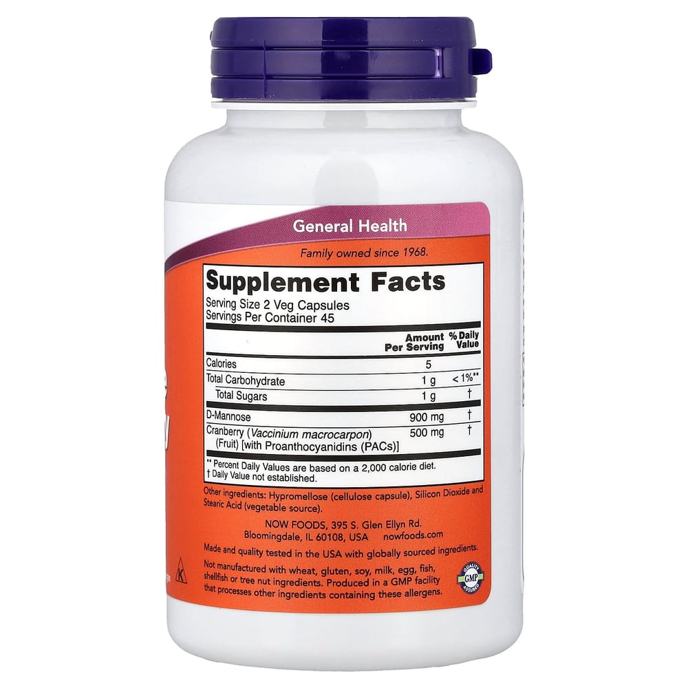 Now Foods D-Mannose & Cranberry Veg Capsules, 90 Counts