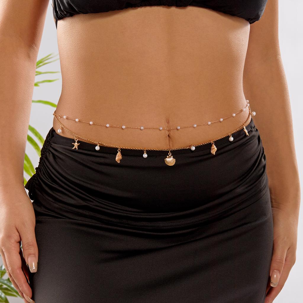 Double Layer Boho Starfish Conch Pendant Waist Belly Chain For Women Summer Beach Pearl Chain Bikini Belt Body Sexy Jewelry