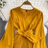 YYFS Abiti casual a vita alta con scollo a V a maniche lunghe con stampa tinta unita primavera autunno moda donna