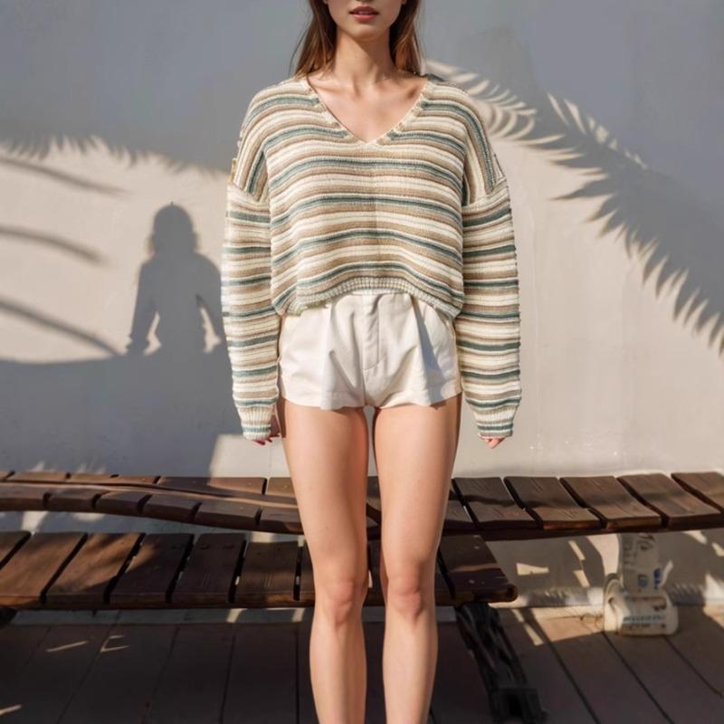 Women's Autumn and Winter Sweater New Loose V-Neck Long Sleeve Striped Knit Top