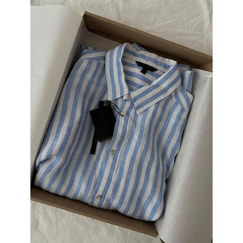 

Big Sale Leak-Picking ~ Cattle X Goods Burst! This Year s Popular Elegant Blue Stripes High-Count Linen Shirt for Women Blue Stripe S