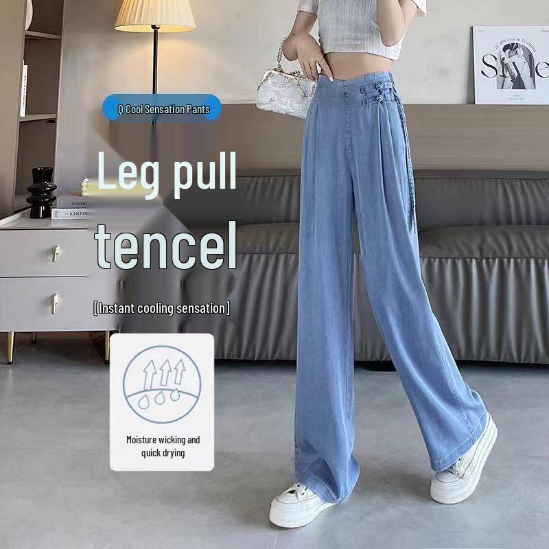 Women's National Style Tencel Button-Up Wide-Leg Jeans - 2026 Summer Slim Straight Casual Pants