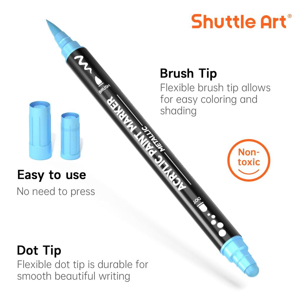 Shuttle Art Acrylic Metallic Dot and Brush Twin Pen Sparkling Glitter Acrylic Paint for Writing on and Handmade Art Gift Markers, Colors, Tip, Set,