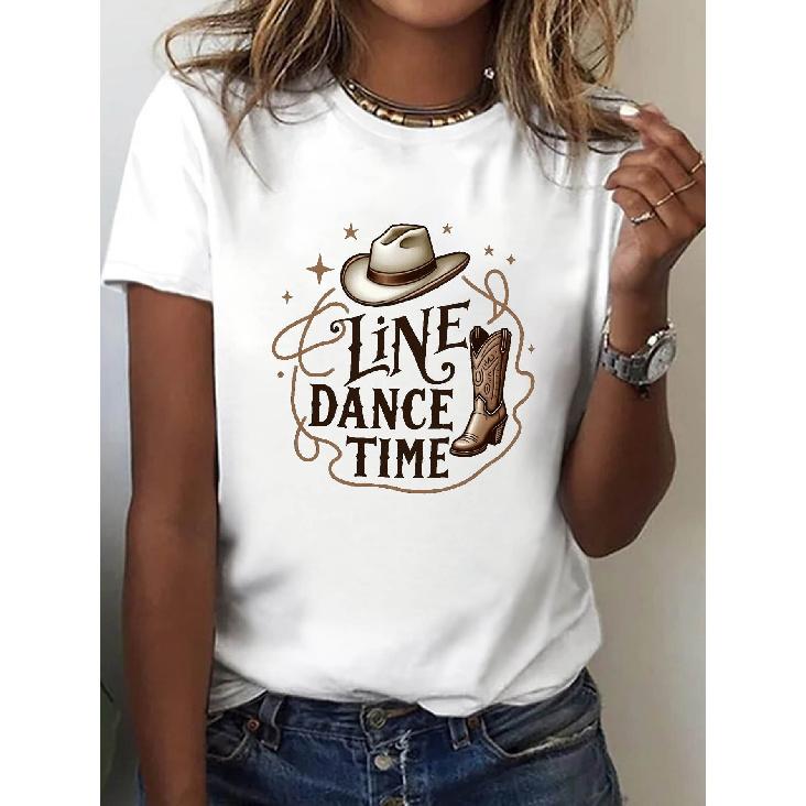 Cowboy hat and boots Line Dance Time Letter print women s round neck spring-summer short sleeve shirt T Shirt S белый