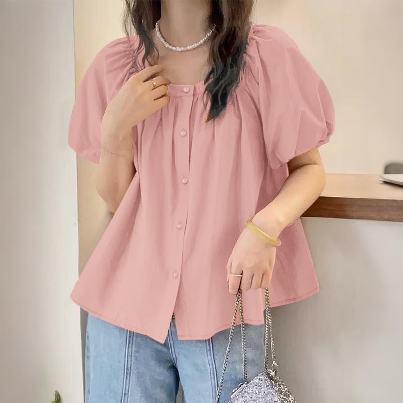 

ZANZEA Women Casual Square Collar Summer Short Sleeve Plain Blouse 4XL