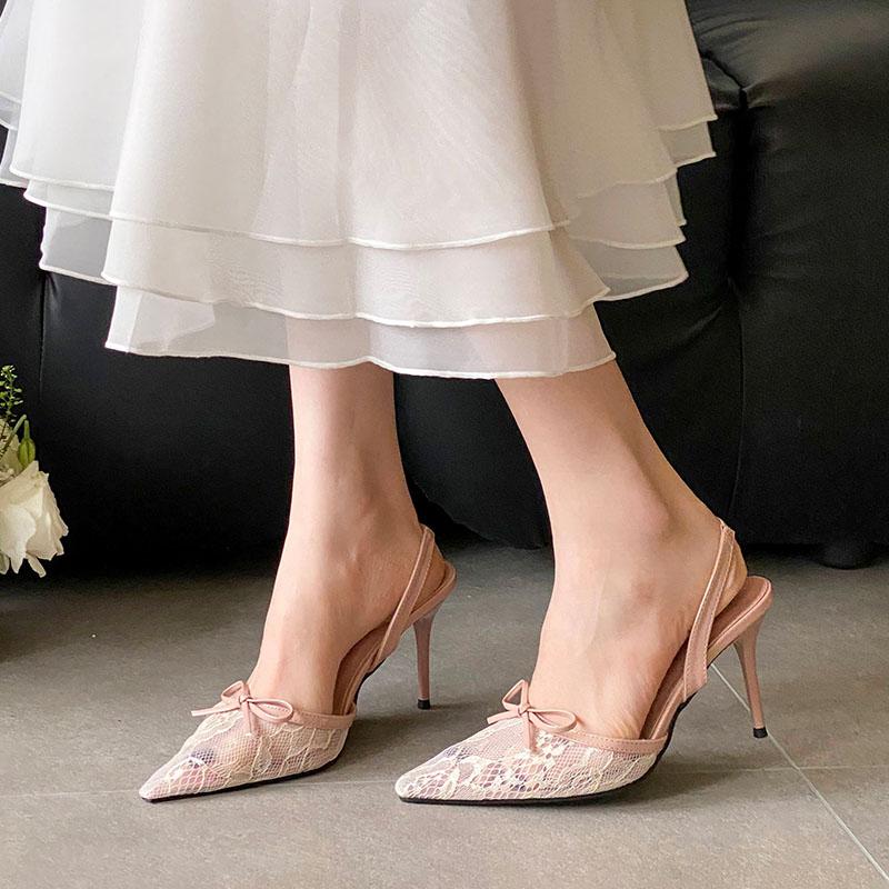 Fashion Mesh Fashion Pointed Toe Ladies High Heels Sandals Shoes Female Breathable Footwear Women Heeled Sandals Shoes Pumps Pink