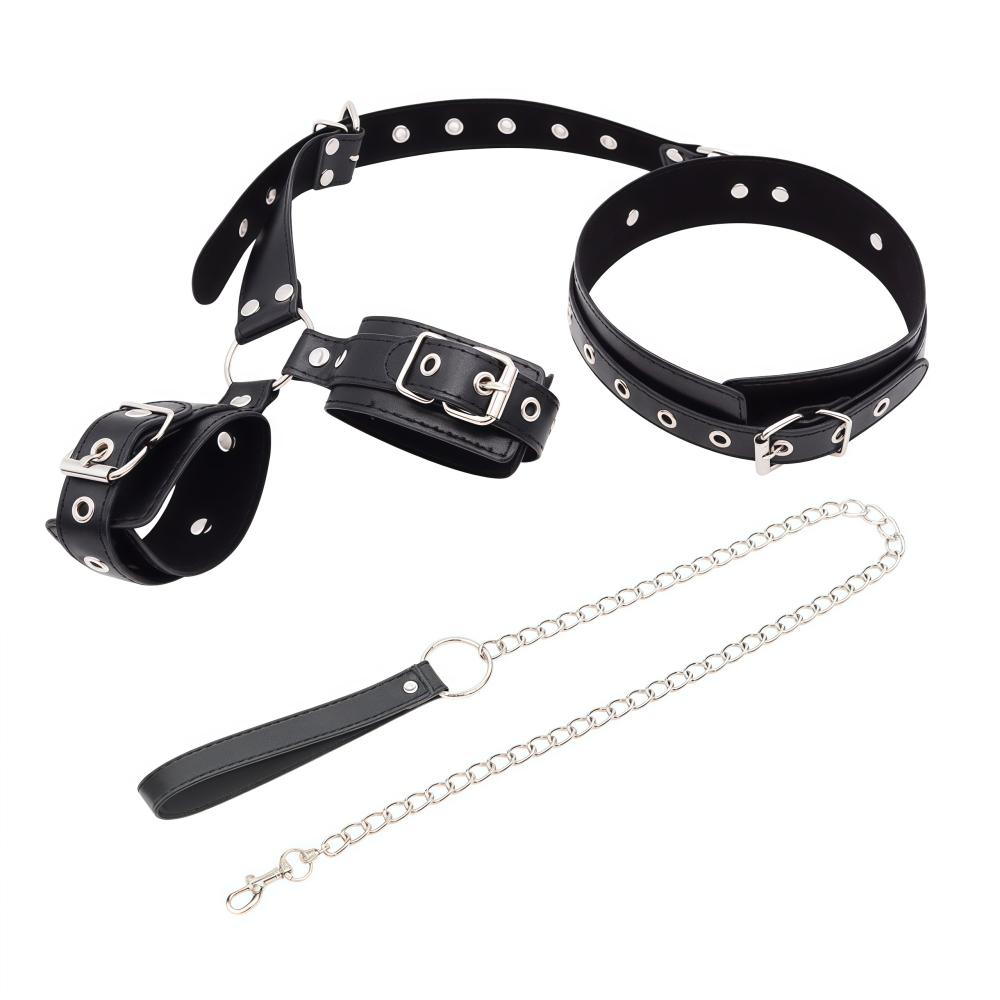 Bondage Restraint Kit Adjustable Collar Wrist Cuffs Durable PU Leather Fetish Play Set for Adult Couples