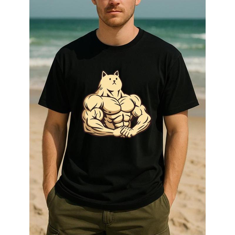 European size A Stylish Short-Sleeved T-Shirt Featuring a Muscular Cat Design, Perfect for Men. This Top Breathable Fabric with Medium Elasticity