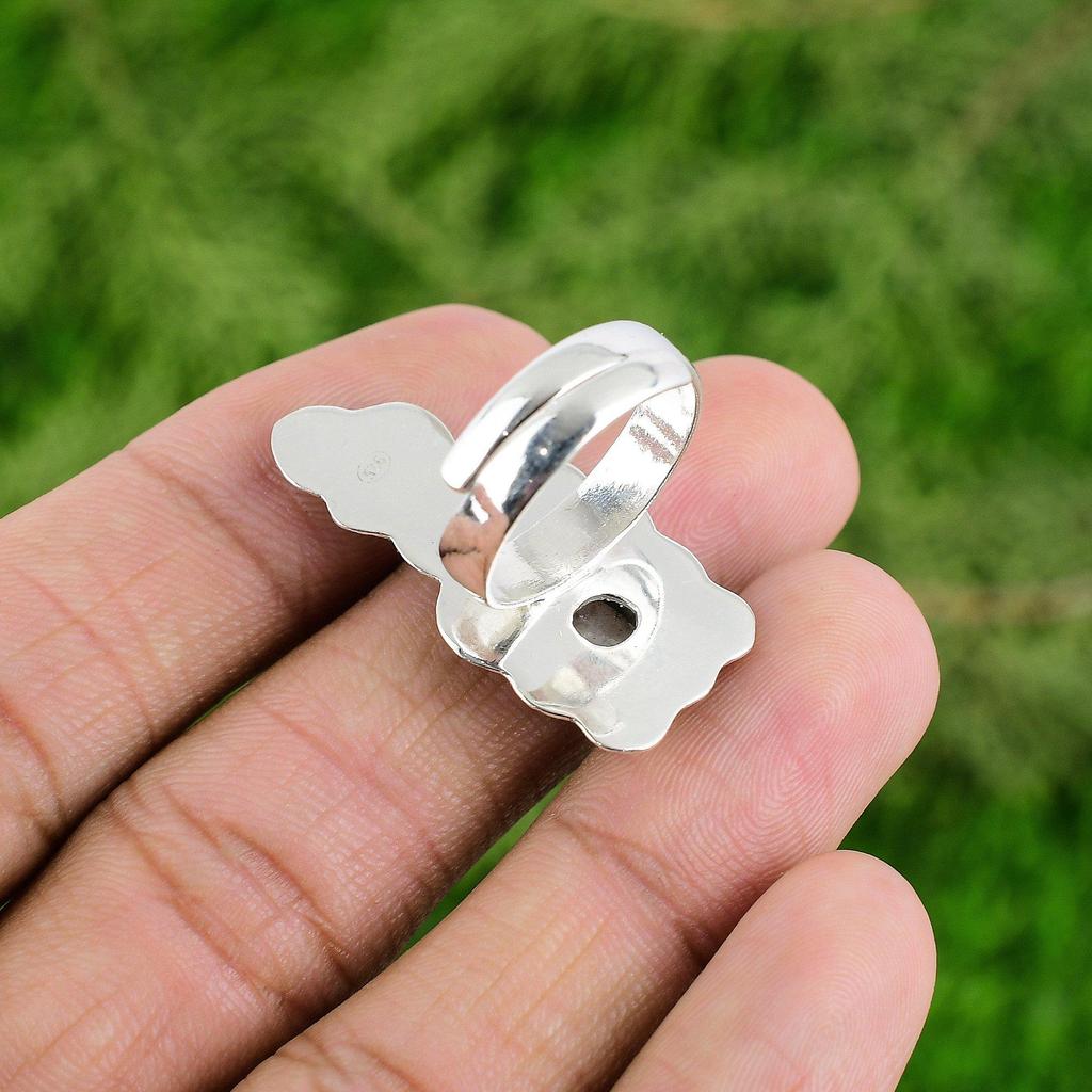 Sterling Silver Natural Rainbow Moonstone Promise Flower Statement Ring Jewelry