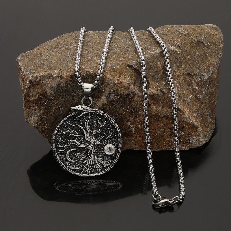 

Minimalist Vintage Sun Moon Tree Of Life Pendant Necklace For Men Nordic Style Party Accessory 60cm