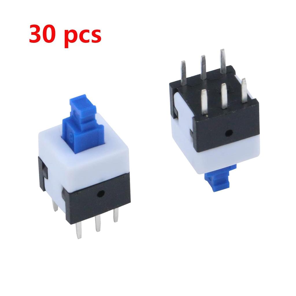 Antrader 30 Pcs Micro Push Button Switch, 6 Pin DPDT Self-Locking Power On/Off Latching Switches 8 x 8mm