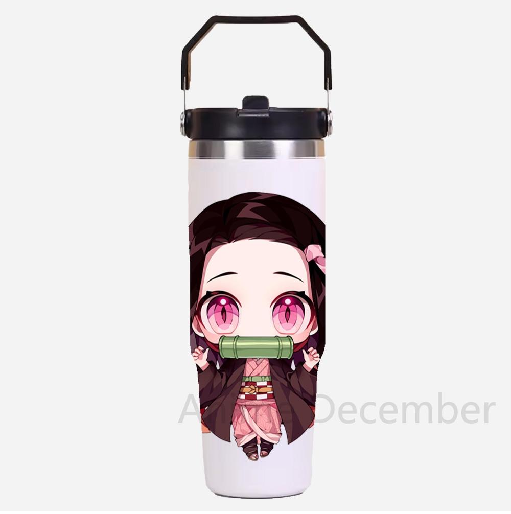 30oz Anime Portable Car Cup Stainless Steel Thermos Cup with Straw Travel Sport Water Bottle Handle Cover Coffee Vacuum Flask