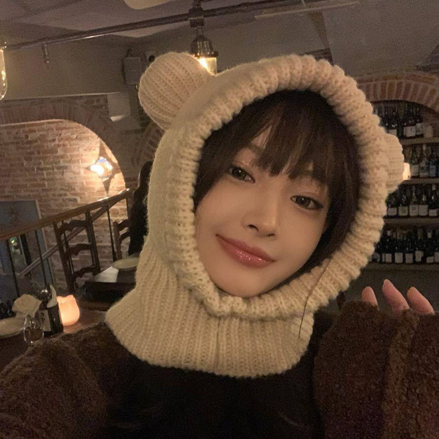 Cute Bear Ears Woolen Hat for Women in Autumn and Winter Plus Velvet and Thickening To Prevent Cold and Warm Neck Protection and Hood One Piece Hat