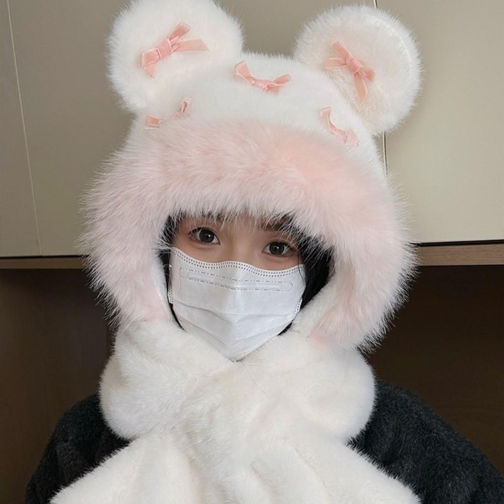 Fluffy Bow Ear Protection Hat Thickened Lei Feng Cap Personality Beanies Cap  Winter/Autumn