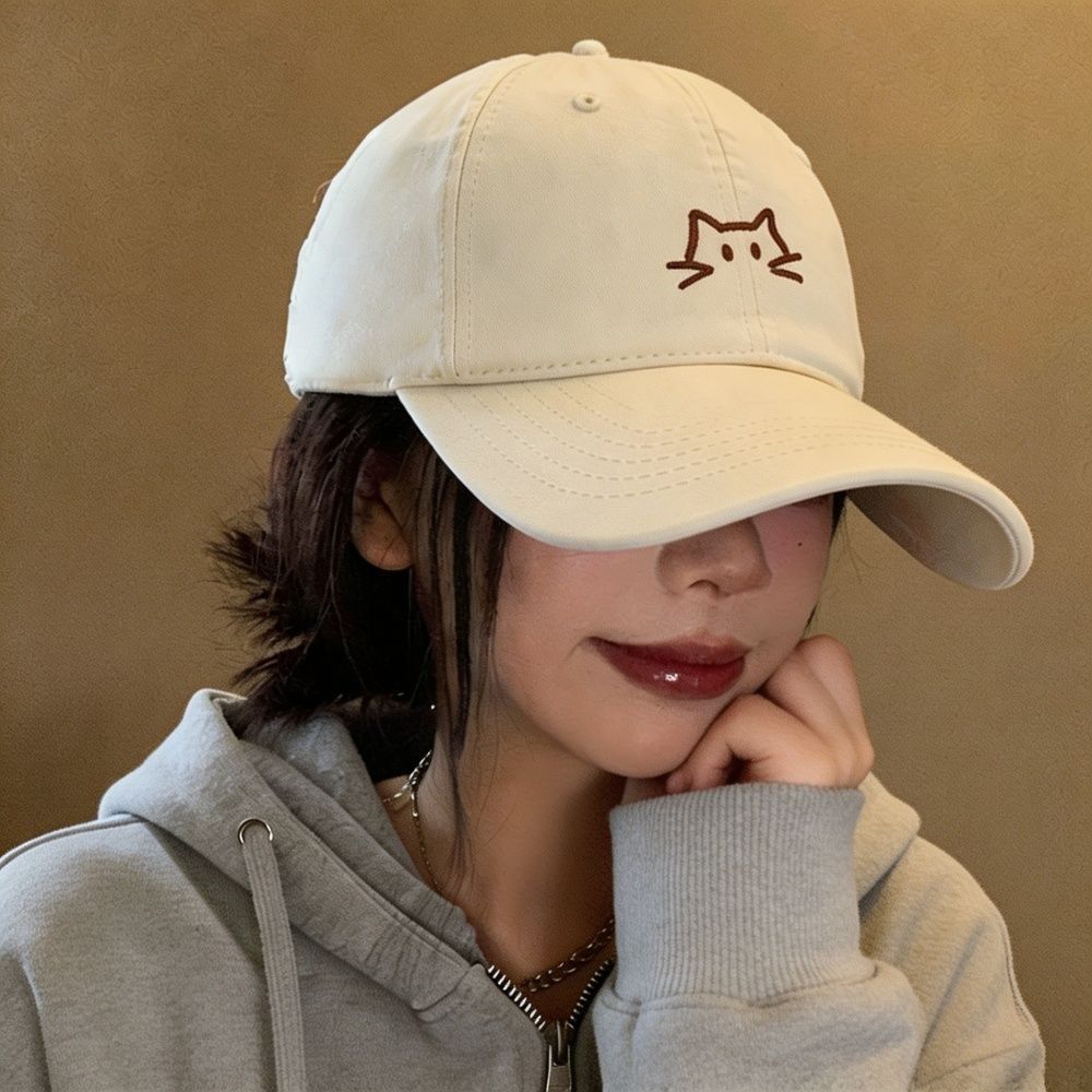Washed Cotton Baseball Cap Cat Embroidery Sunshade Hat Vintage Peaked Cap For Men Women