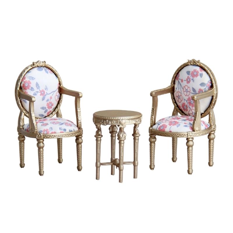 1/12 Scale Wooden Dollhouses Furniture Set Mini Wooden Table And Chair For Kids Floral Pattern