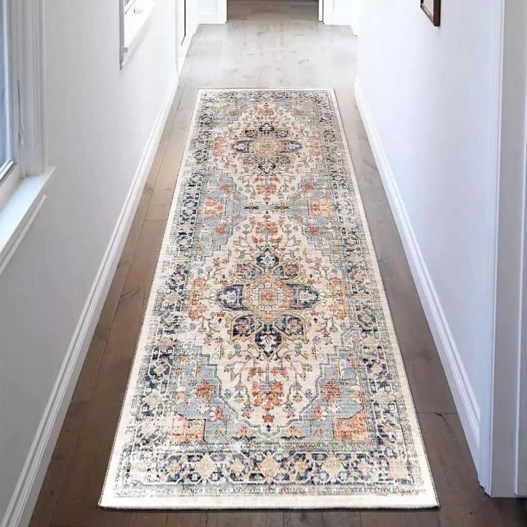 Distressed Boho Runner Area Rug Retro Medallion Design Non Slip Long Mat for Indoor Hallway Entrance Decoration