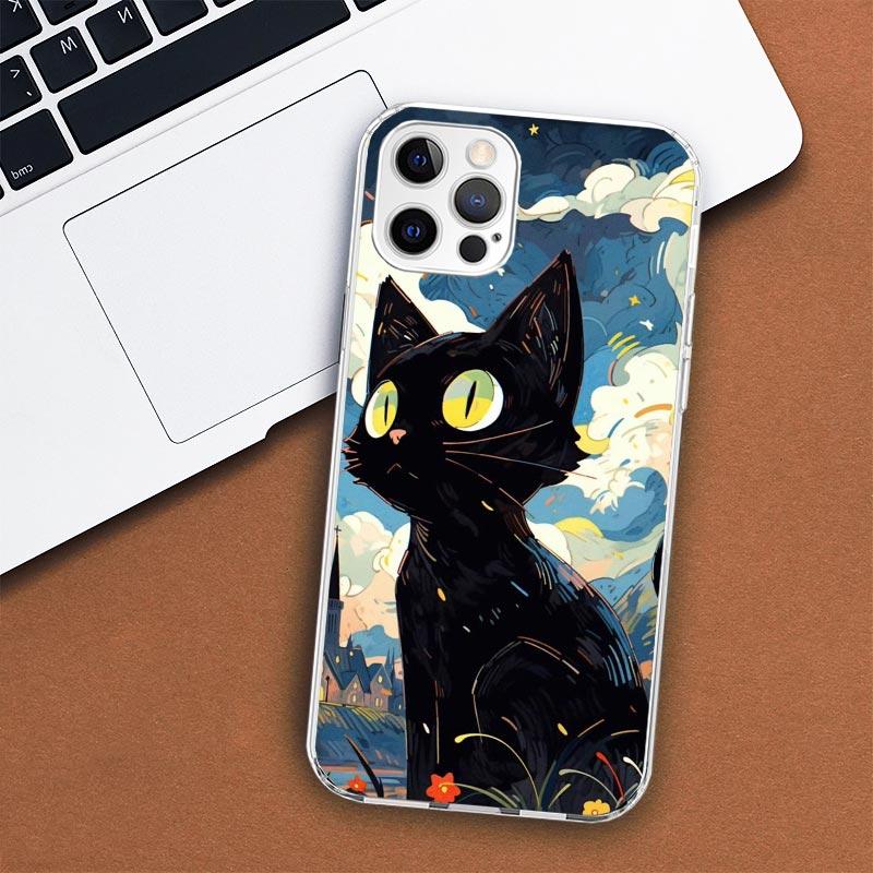 Anime Cute Black Cat Meow Phone Case For Apple iPhone 11 12 13 15 14 Pro 7 XR X XS Max 8 Plus + Mini SE Customized Print Soft Co