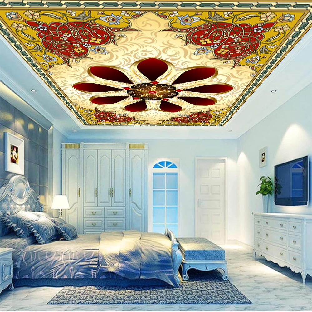 Prächtige Blumen 3D Deckenwandbild, Gold Diamant Blume Tapete für Wohnzimmer Schlafzimmer Arbeitszimmer Decke Wandbild Dekor