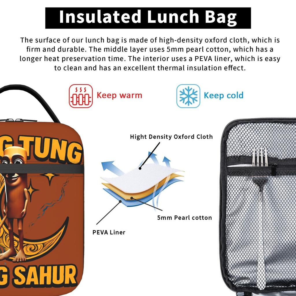 Tung Tung Tung Sahur Insulated Lunch Bags Cooler Bag Reusable,Lunch Container Italian Brainrot Large Tote Lunch Box Men Women