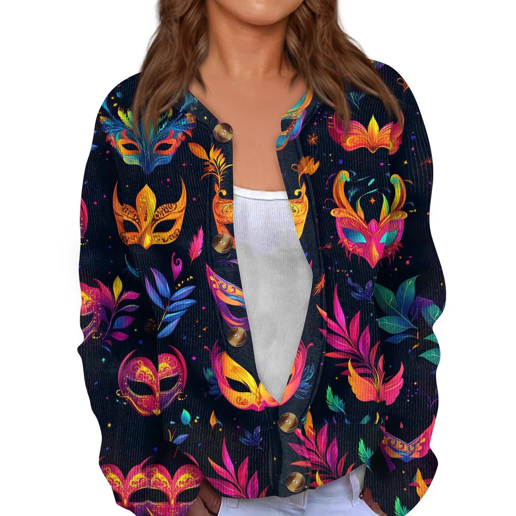 Women's Mardi Gras Print Long Sleeve Knit Cardigan Button Jacket