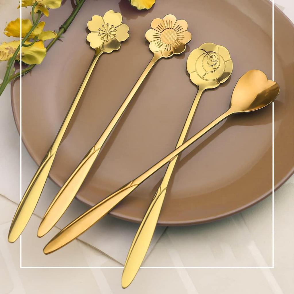 7-Inch 4 Pcs Flower Spoon Coffee Teaspoon Set, Drink Stirring Spoon for Dessert, Coffee, Ice Cream, Tea (Gold)