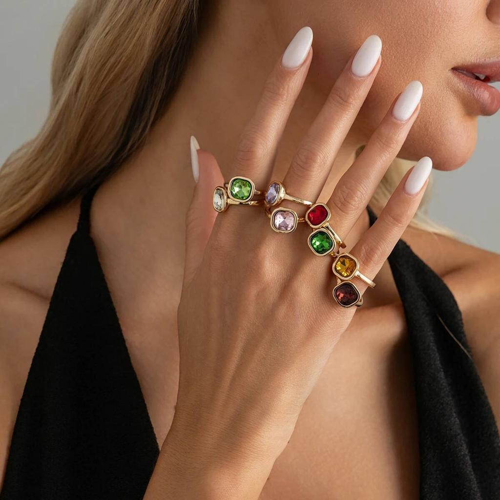 IngeSight.Z Y2K Bohemia 8 Pcs Creative Colorful Acrylic Rhinestone Open Rings Sets Women Fashion Couple Jewelry Accessories New