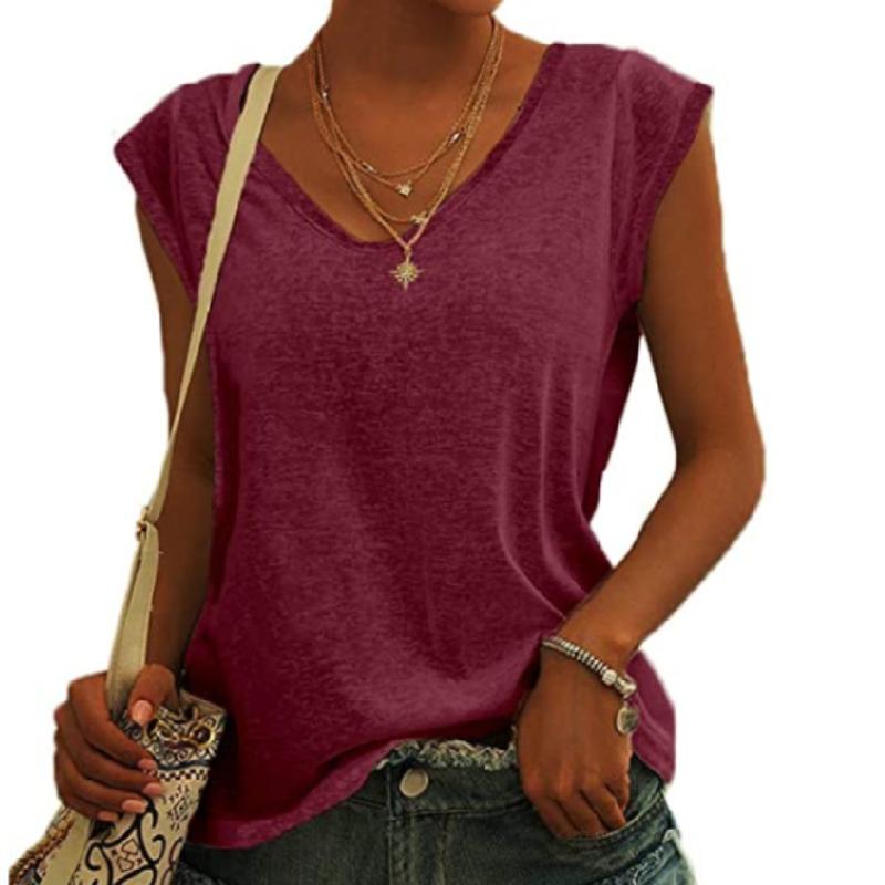 Damen-T-Shirt mit V-Ausschnitt, lässig, mit Flügelärmeln, Weste, einfarbig, lockere Bluse, passende Tank-Tops
