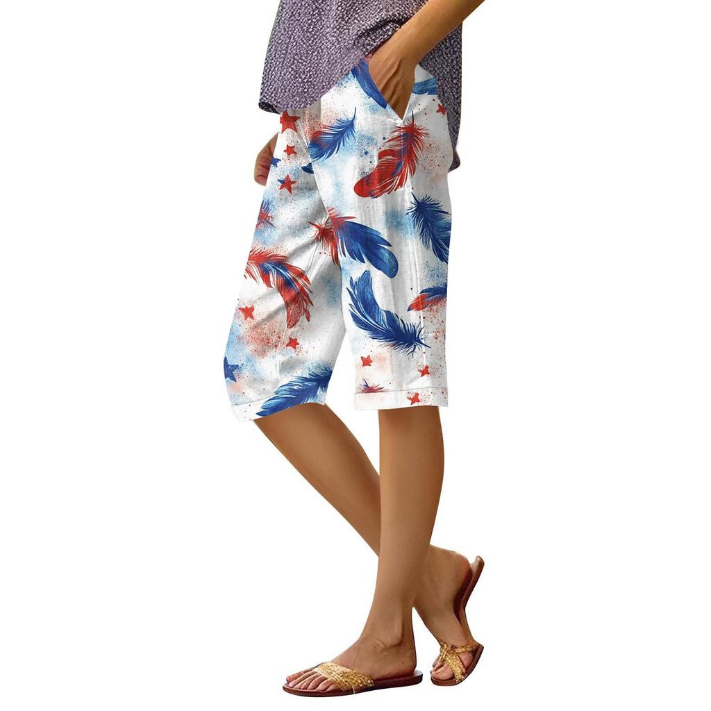 Damen-Shorts mit Druck, modische Tasche, elastische Taille, lässige Shorts