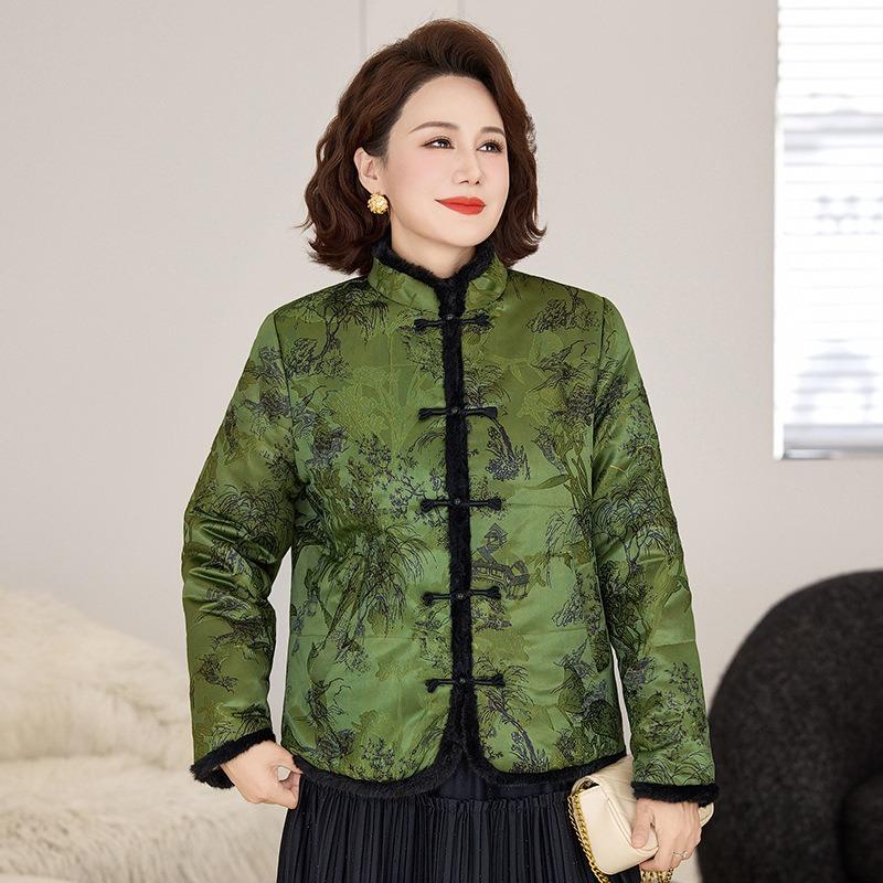 

Жаккардовая ручная пряжка, хлопковая одежда с подкладкой, зимняя новая темпераментная одежда с подкладкой для мамы, тонкий хлопковый жакет-топ 5XL [recommended 150-80kg] зелёный