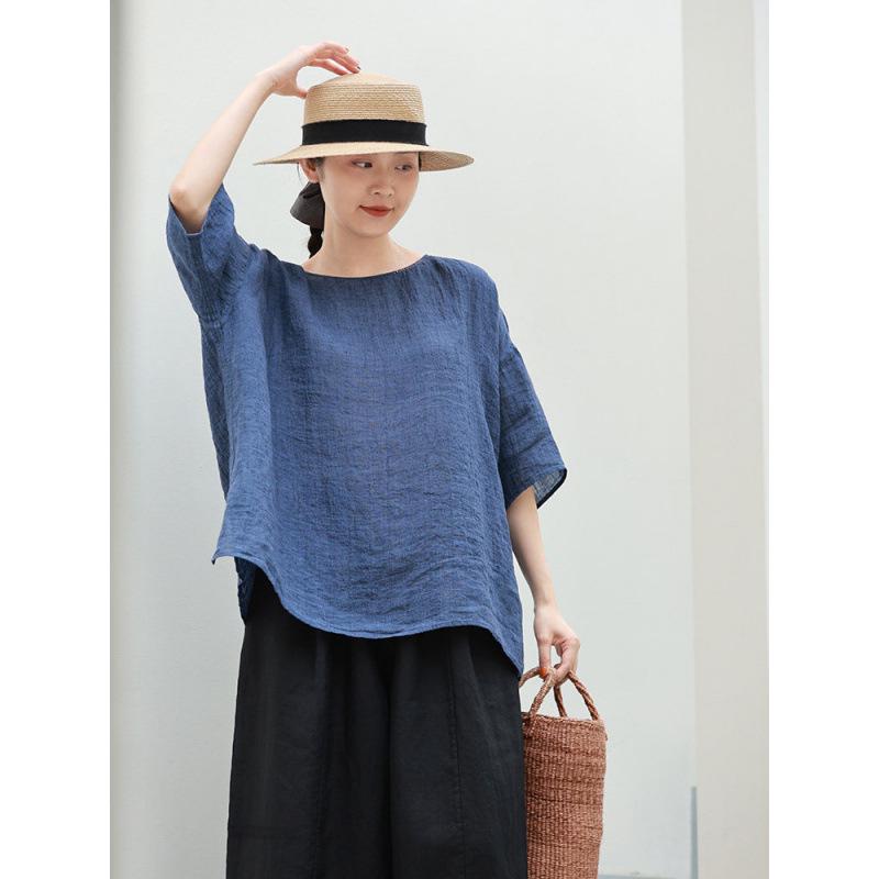 

Comfortable Summer Cotton-Linen Pleated Round Neck Shirt - Available in Three Colors L синій