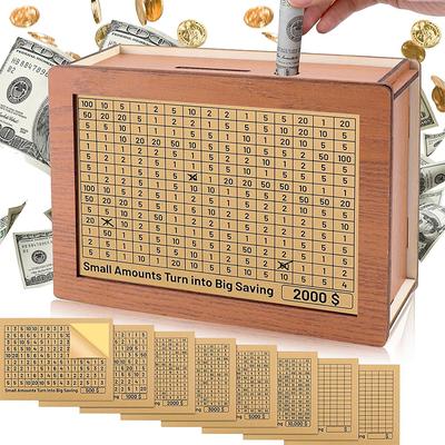 Ahşap Para Biriktirme Kutusu 1000/2000/3000/5000/10000 Euro Tasarruf Hedefleri ve Dijital Kutu, Tekrar Kullanılabilir Ahşap Kumbara