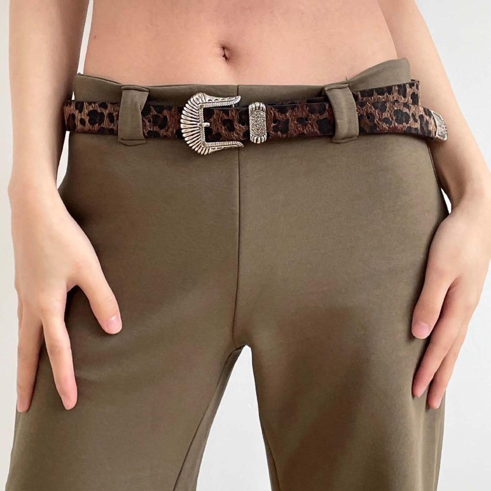 Zinc Zinc Alloy Leopard Print Belt Cool PU Vintage Waistband Western Countryside Carved Buckle Belt  Women