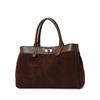 Women's Retro Suede Spliced Leather Tote Bag with Lock, Large Capacity Handbag & Crossbody Bag for Commute