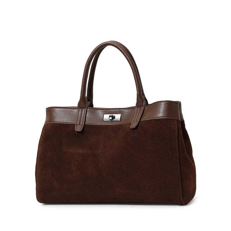 Women's Retro Suede Spliced Leather Tote Bag with Lock, Large Capacity Handbag & Crossbody Bag for Commute